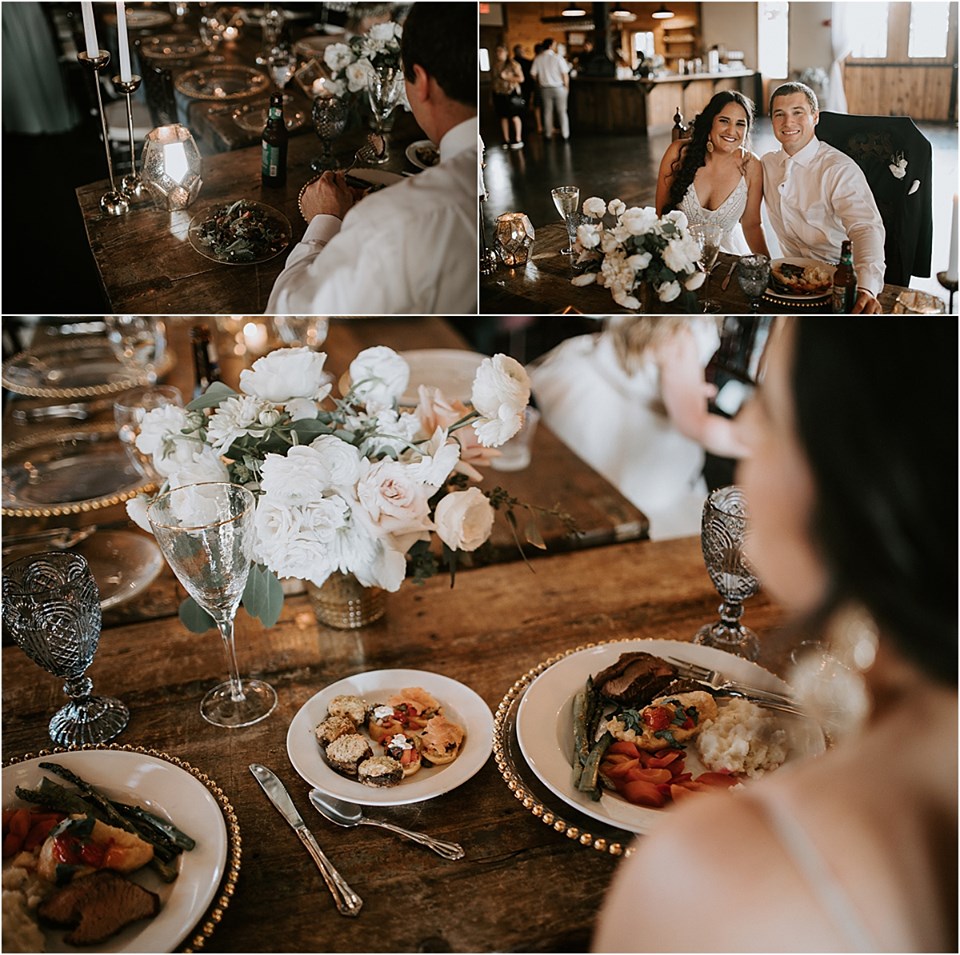bride and groom enjoying wedding meal at their white oaks barn wedding