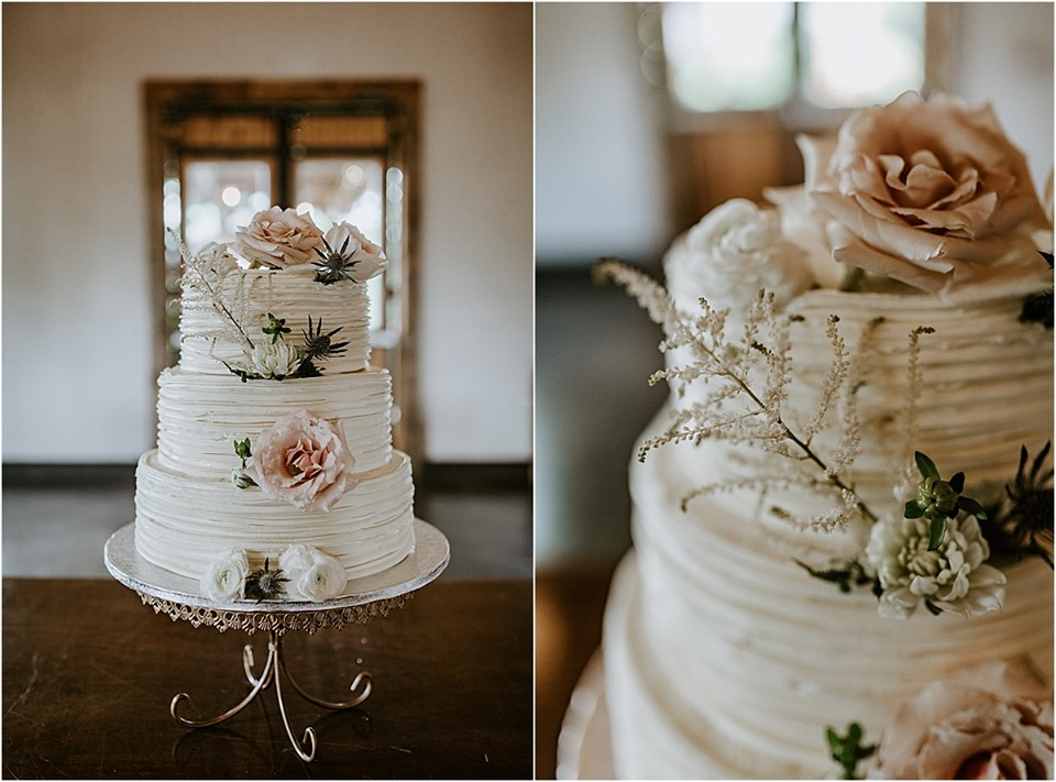 wedding cake at white oak barn featuring flowers by ten point floral design.
