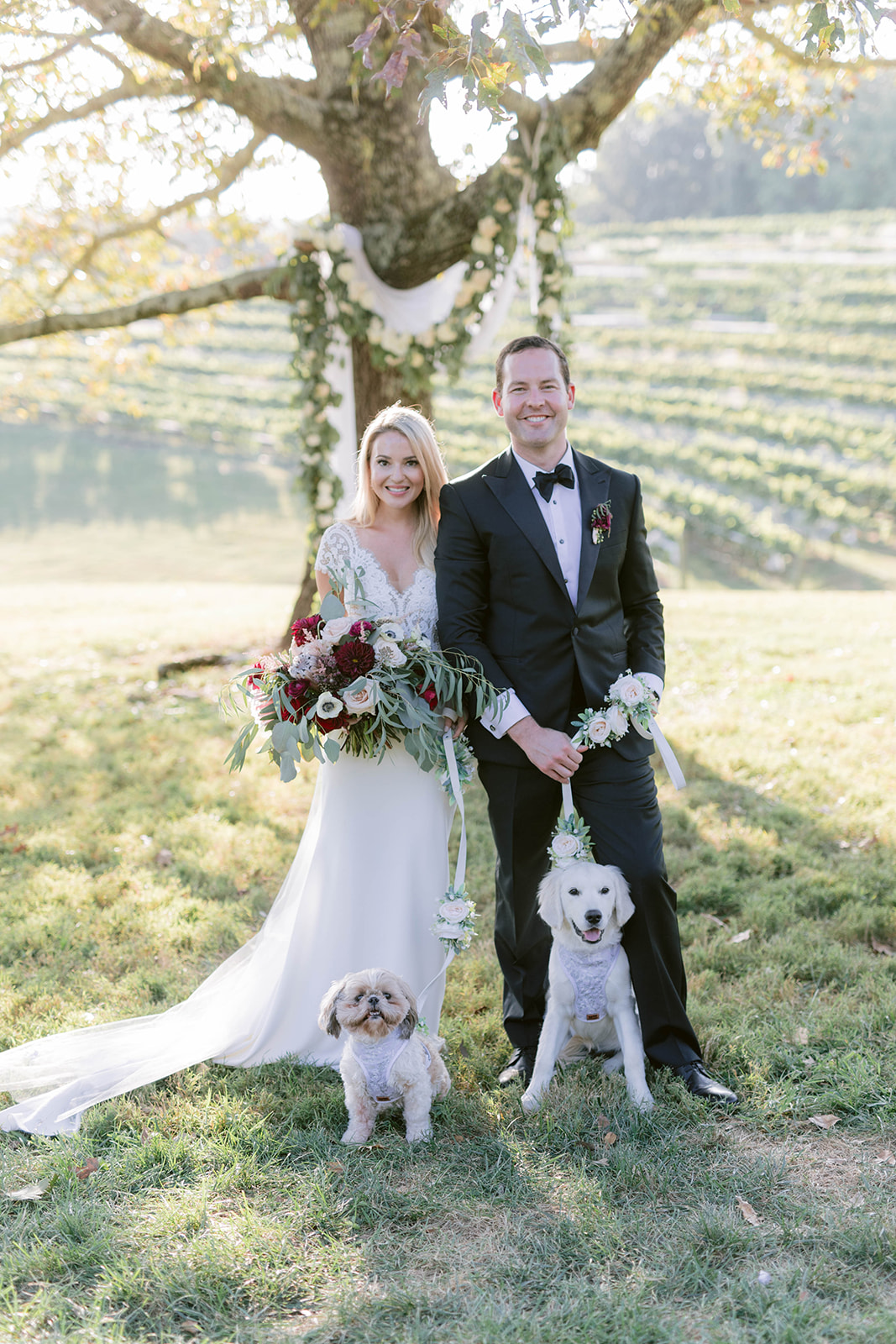 Bride and groom pictured with their dogs at their Montaluce Winery Wedding