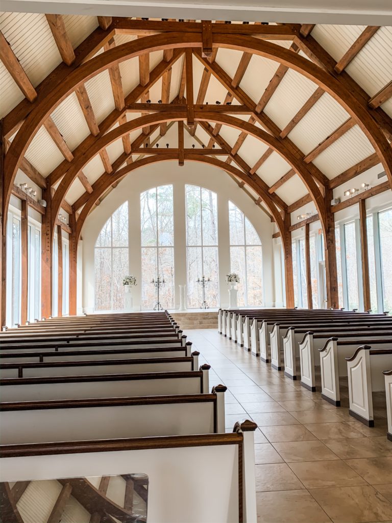 Ashton Gardens Atlanta- Inside of the chapel beautiful beams embracing the ceiling height