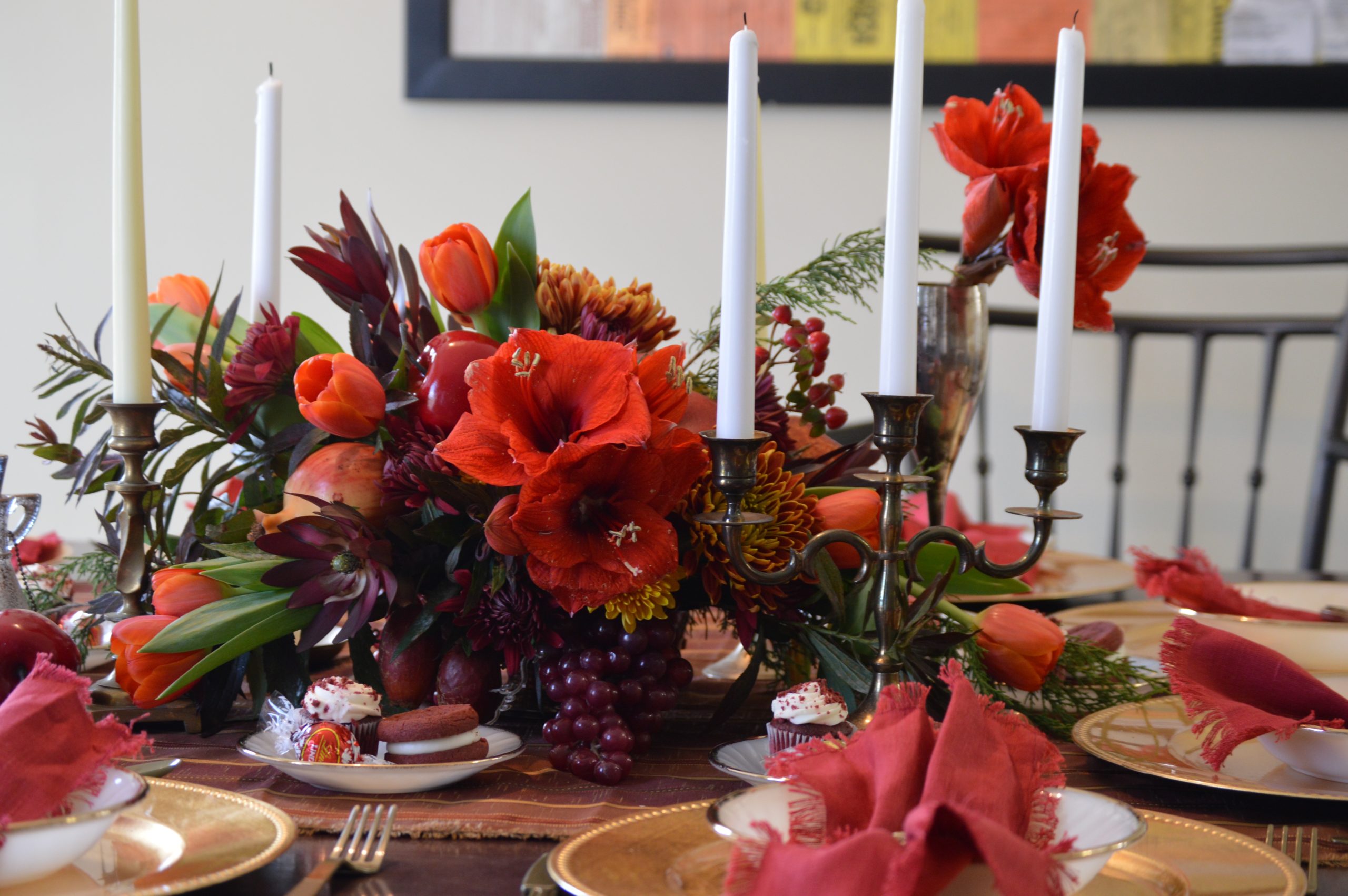 Thanksgiving Table Decor Ideas with tapered candle holders and lush flowers